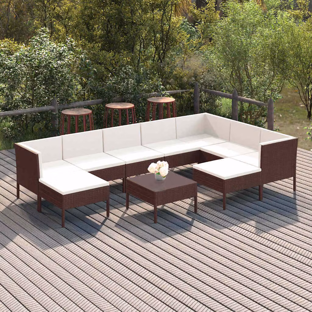 Set Divani da Giardino vidaXL 10 Pezzi in Polyrattan Marrone e Bianco con Cuscini e Tavolino da Esterno