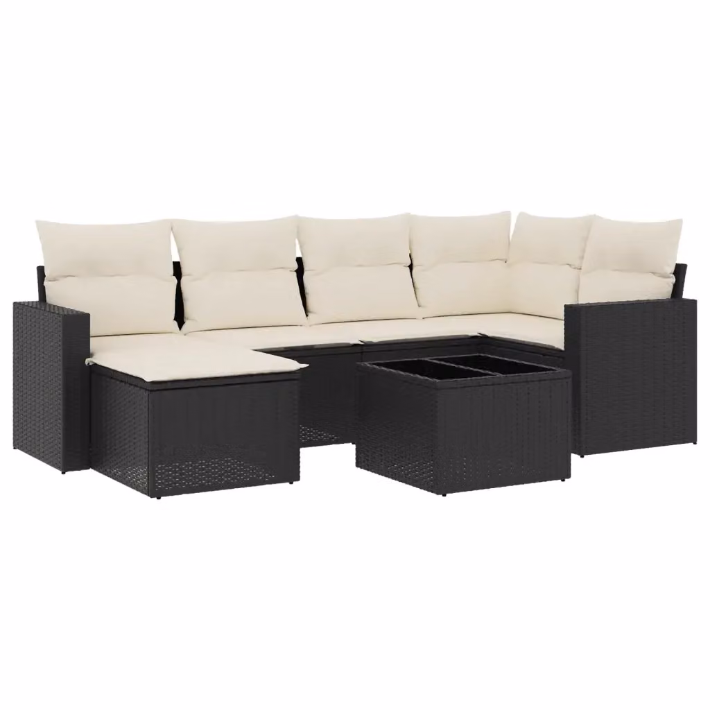 vidaXL Set Divano da Giardino a L con Cuscini 7pz Nero e Bianco con Tavolino e Pouf in Polyrattan e Acciaio – 2