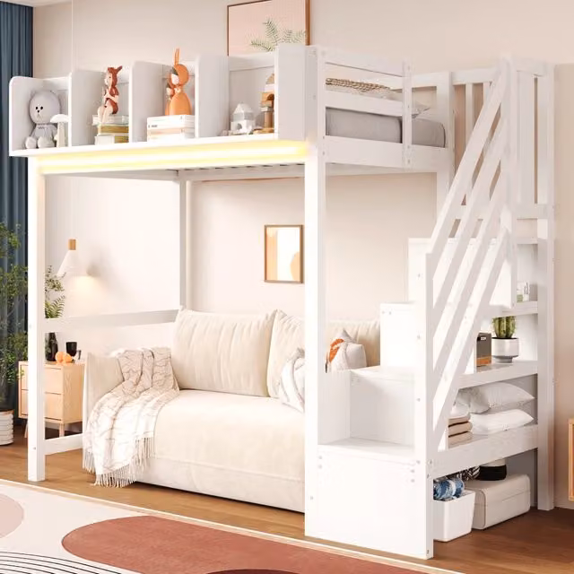 Letto a soppalco ULEVR 90x200 cm con LED, vani integrati, scala laterale e barriera di sicurezza, bianco