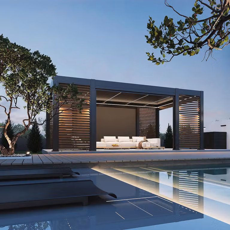 Pergola Weide Prestige in alluminio 3,6x6,57 m con tetto a lamelle, LED, 4 pareti a lamelle e 4 tende da sole color antracite