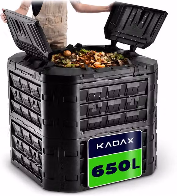 Compostiera modulare da giardino KADAX nera in plastica, resistente al gelo, capacità 650 litri