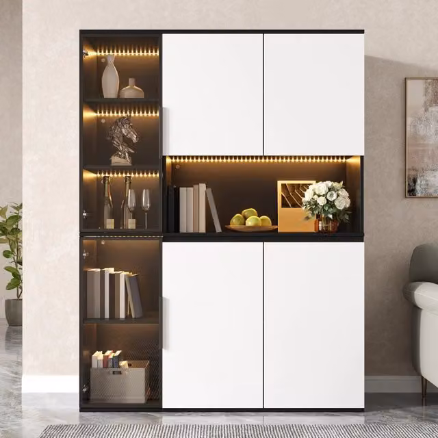 Vetrina Moderna Bianco e Nero 120x40x160 cm in MDF Mobile Alto con Luci LED per Sala da Pranzo e Soggiorno