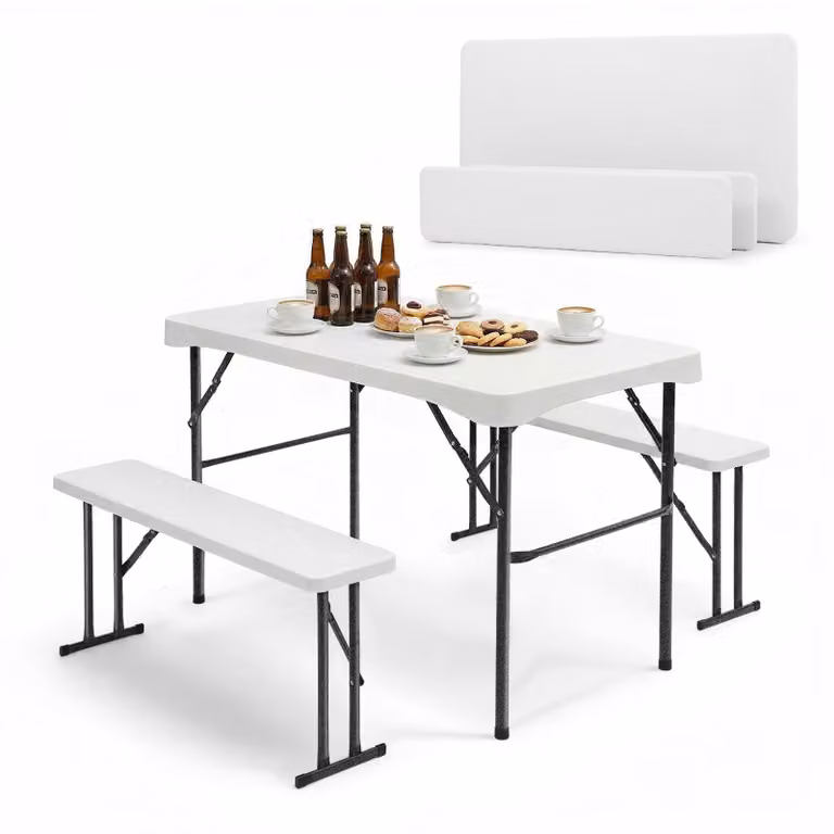 Set da birreria Sekey pieghevole, 3 pezzi: tavolo da 110 cm + 2 panche, bianco