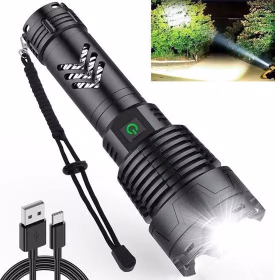 Lanterna LED nera in alluminio con ricarica USB e protezione IP67 per emergenza e giardino