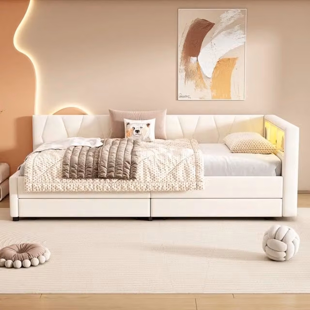 Letto singolo Chicfurn in lino beige con illuminazione LED, porta USB Type-C e cassetti, L/P: 90 x 200 cm