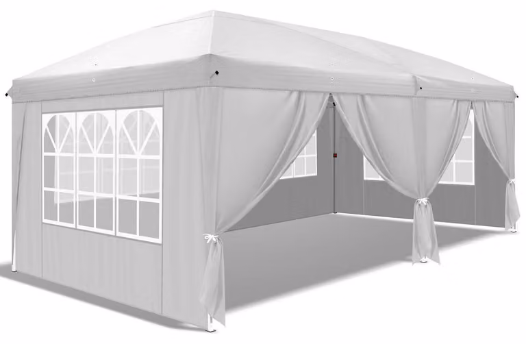 Gazebo da esterno, dimensioni 3 x 6 metri, impermeabile, con protezione solare, colore bianco, dotato di 4 pareti laterali
