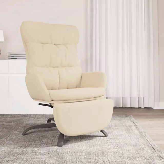 Poltrona Relax girevole a 360 gradi con poggiapiedi in tessuto beige e struttura in metallo per il tuo soggiorno