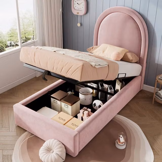 Letto imbottito REDOM in velluto rosa con contenitore a sollevamento per cameretta, L/P/H: 90 x 200 x 120 cm
