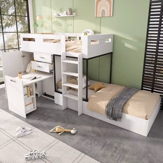 Letto a castello multifunzionale con scrivania estraibile; armadio e 2 cassetti; 90x200 cm; bianco/nero