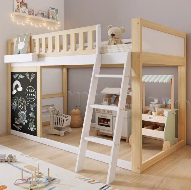 Letto a soppalco per bambini in pino e MDF bianco e naturale, 90x200 cm con lavagnetta e contenitore