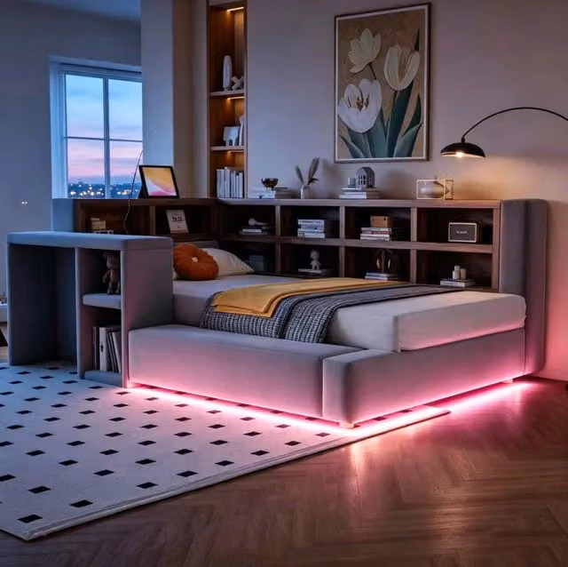 Letto 90x200 in tessuto grigio scuro con vani e LED, salvaspazio, senza materasso –