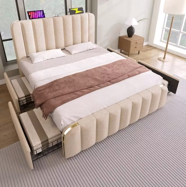 Letto matrimoniale con testiera imbottita, inserti dorati e ricarica USB Tipo-C, 160x200 cm, tessuto lino beige con 4 cassetti