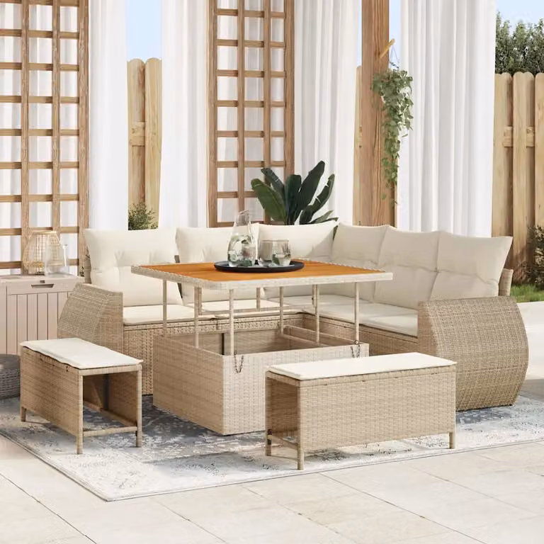 Set Divano da Giardino vidaXL 8 Pezzi Beige con Cuscini e Tavolino in Polyrattan e Acciaio