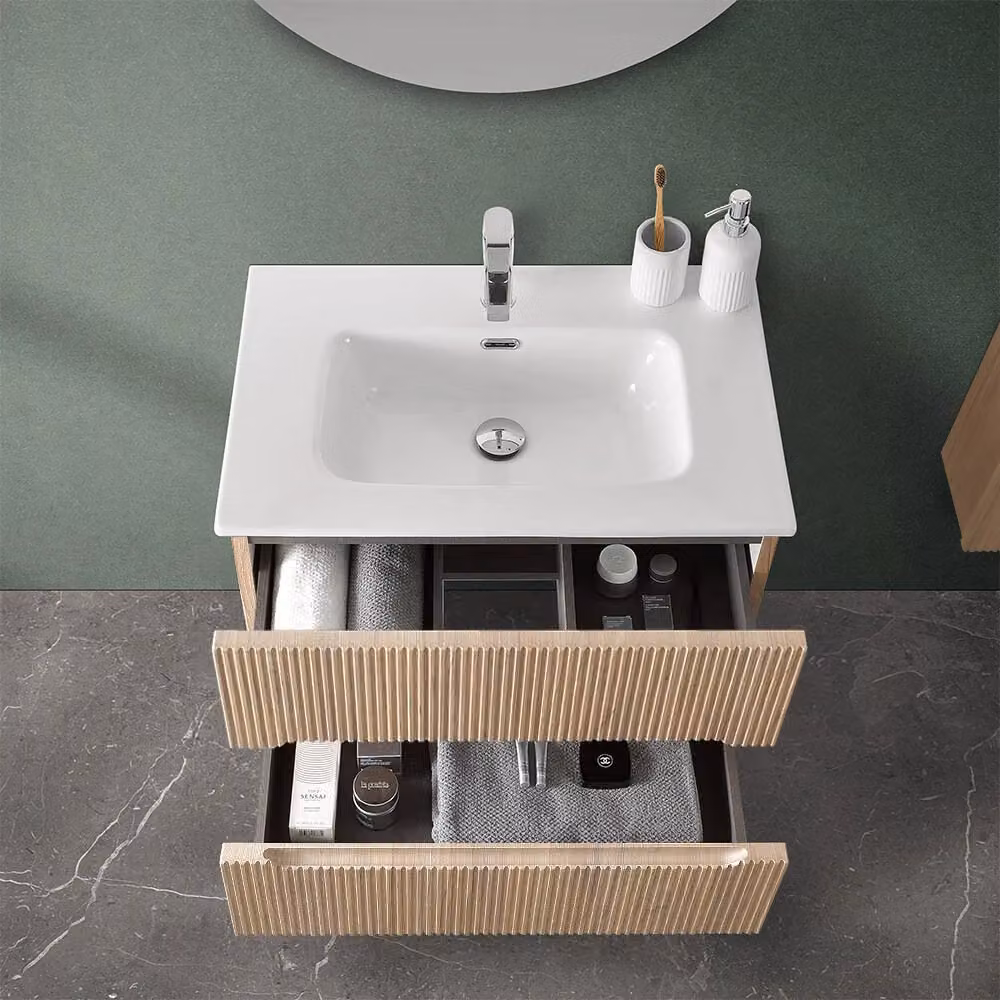 Mobile bagno sospeso cannettato con top Bali rovere chiaro e bianco L: 70 cm – 2
