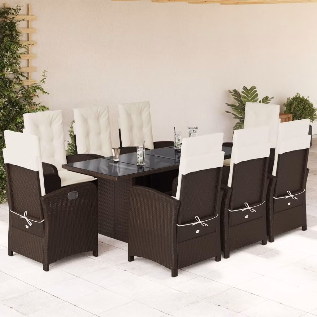 Set da pranzo da giardino vidaXL in polyrattan marrone con 9 pezzi e cuscini – 1