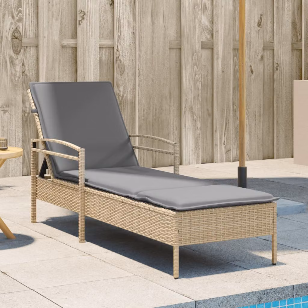 vidaXL Lettino Prendisole in Polyrattan con Cuscino Beige e Grigio, Poggiatesta Regolabile, L 200 x P 63 x H 81 cm
