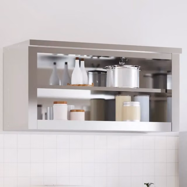 Mobile Cucina da Parete Design Mania in Acciaio Inossidabile Argento con Ripiani e Ante con Ripiano Aperto L: 92 cm, H: 46 cm, P: 40 cm