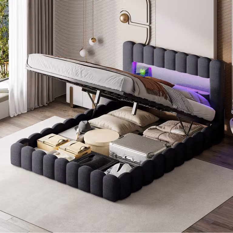Letto imbottito CDGlobal 180x200cm, letto a molle con rete idraulica, letto con rete a doghe, luce di lettura con funzione di ricarica USB/LED testata, letto contenitore letto matrimoniale letto per ragazzi