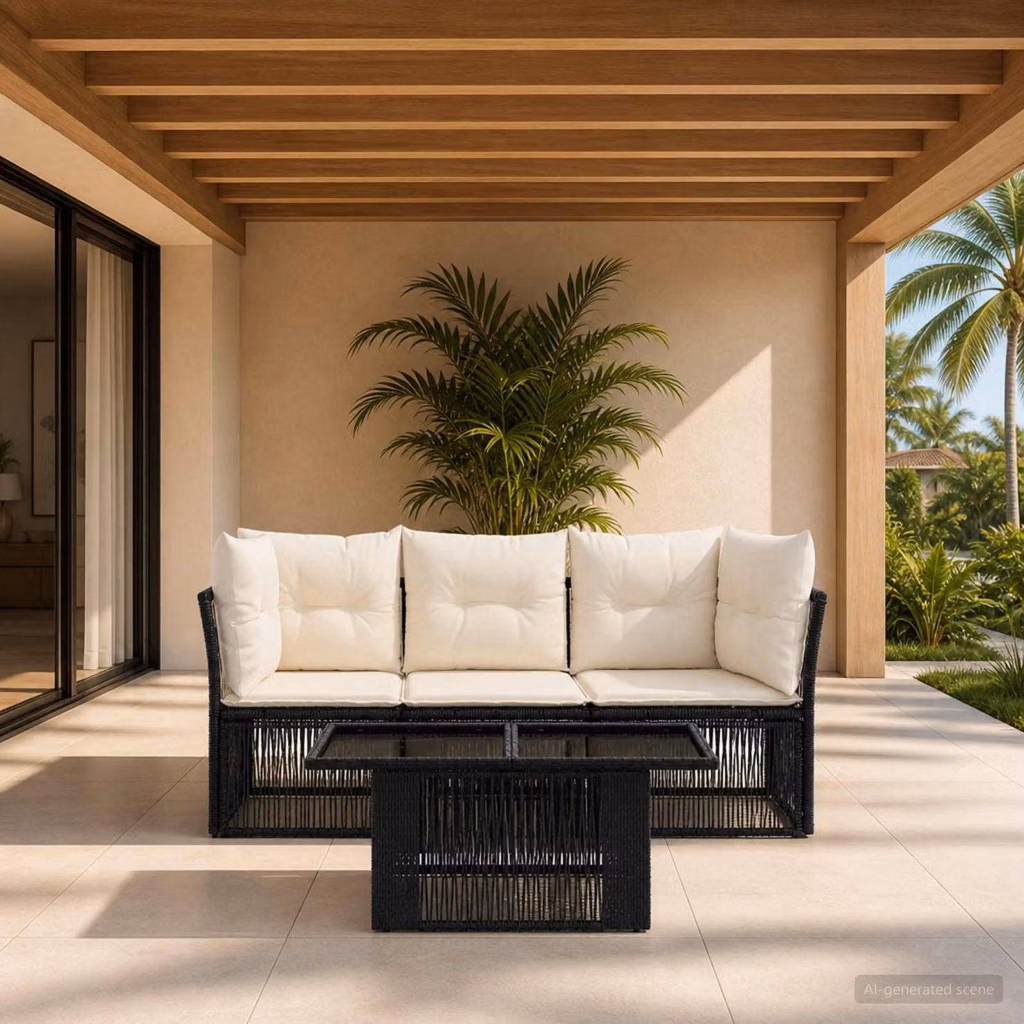 Set Divano da Giardino vidaXL in Polyrattan Nero con Cuscini e Tavolino da 4 Pezzi