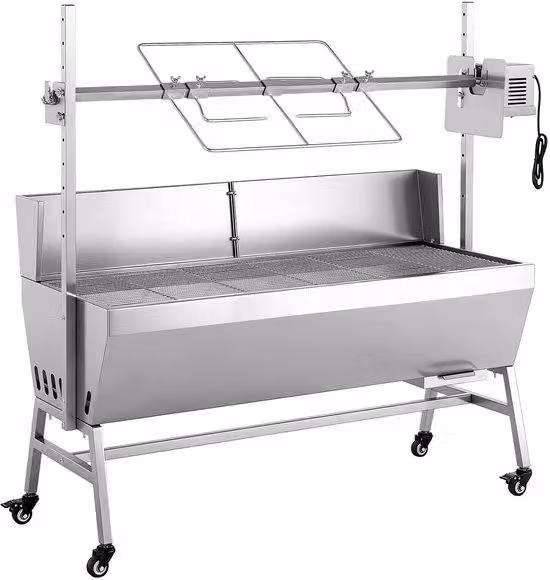 Griglia rotante elettrica, 38 W, ideale per cucinare all'aperto, griglia per rifugi con una capacità di 132 libbre, regolazione dell'altezza, design robusto con ruote, adatta per campeggio e uso all'aperto