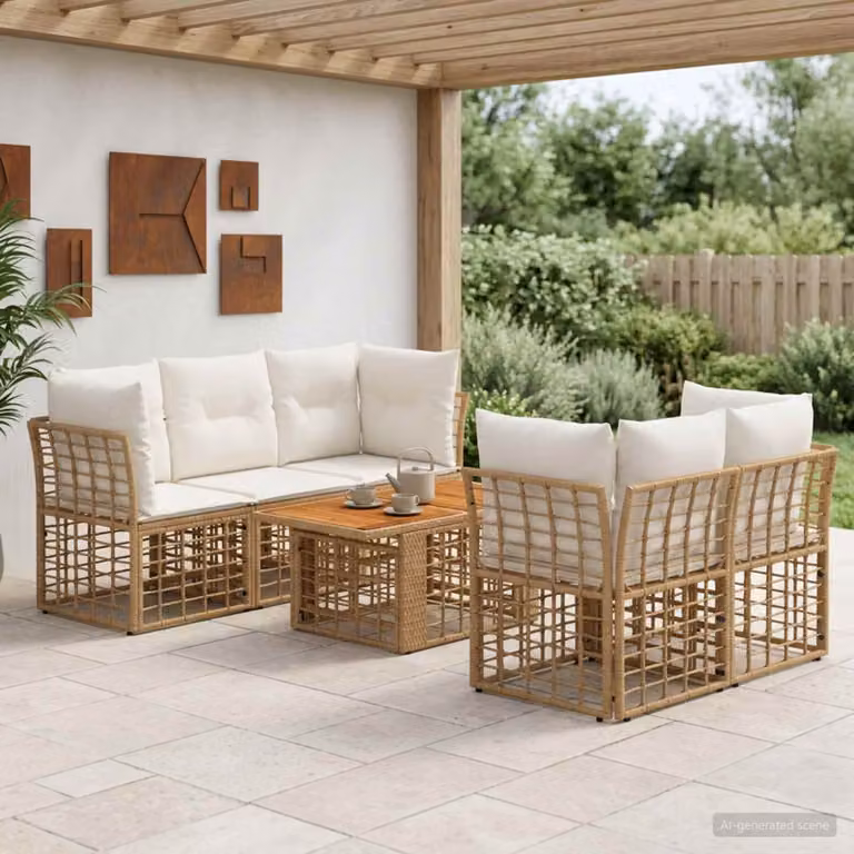 Set Divano da Giardino vidaXL 6 Pezzi a Forma di L in Polyrattan con Tavolino e Cuscini, Colore Naturale e Bianco Crema