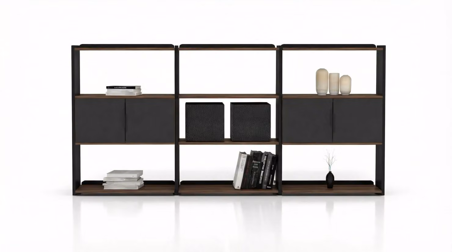 Libreria moderna, design nero, sistema scaffali a giorno per ufficio