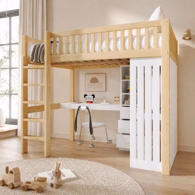 Letto a soppalco 140x200 cm con scrivania; armadio e 3 cassetti in pino e MDF; colore naturale
