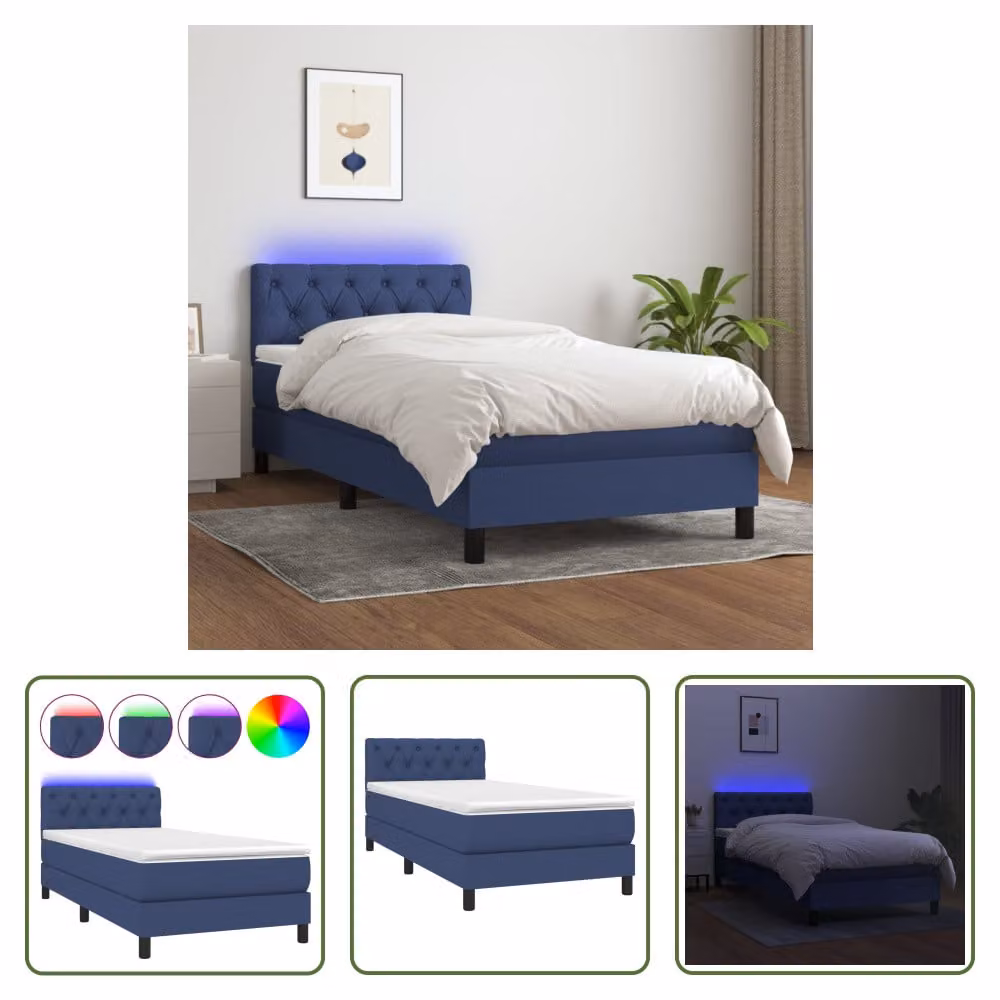 The Living Store Letto a molle con materasso e LED Blu 80x200 cm in tessuto