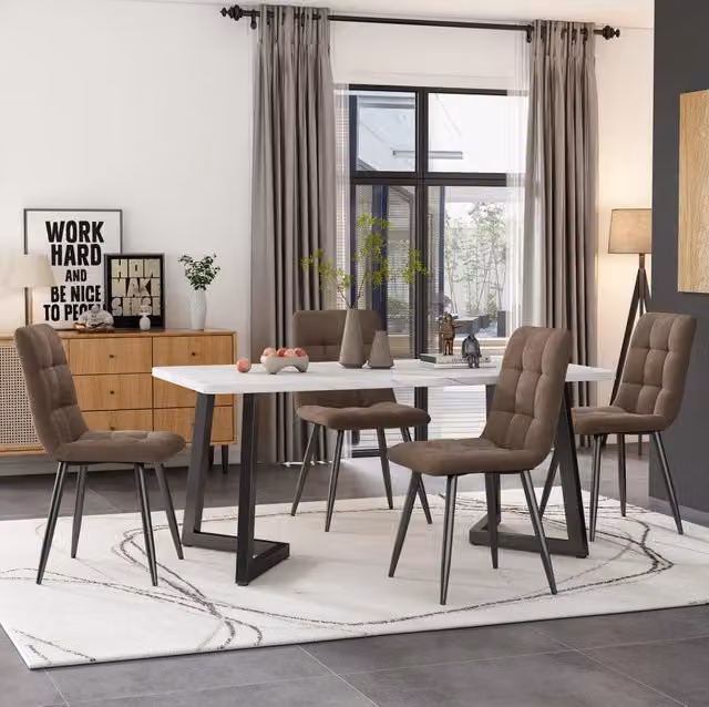 Set da pranzo con tavolo rettangolare 117×68 cm e 4 sedie in velluto marrone, gambe nere in metallo