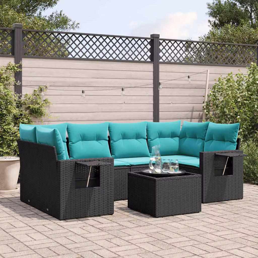 Set Divani da Giardino vidaXL 7 pz in Polyrattan Nero con Cuscini e Tavolino da Esterno