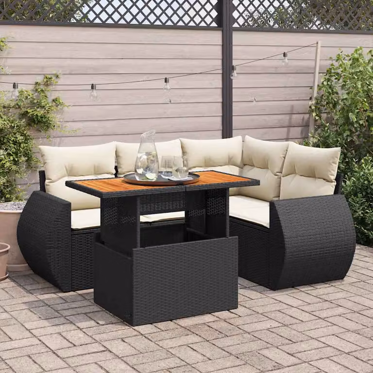 Set da giardino vidaXL composto da 5 pezzi in polyrattan con cuscini e tavolino da esterno, design moderno a forma di L con orientamento sinistro, colore nero e bianco