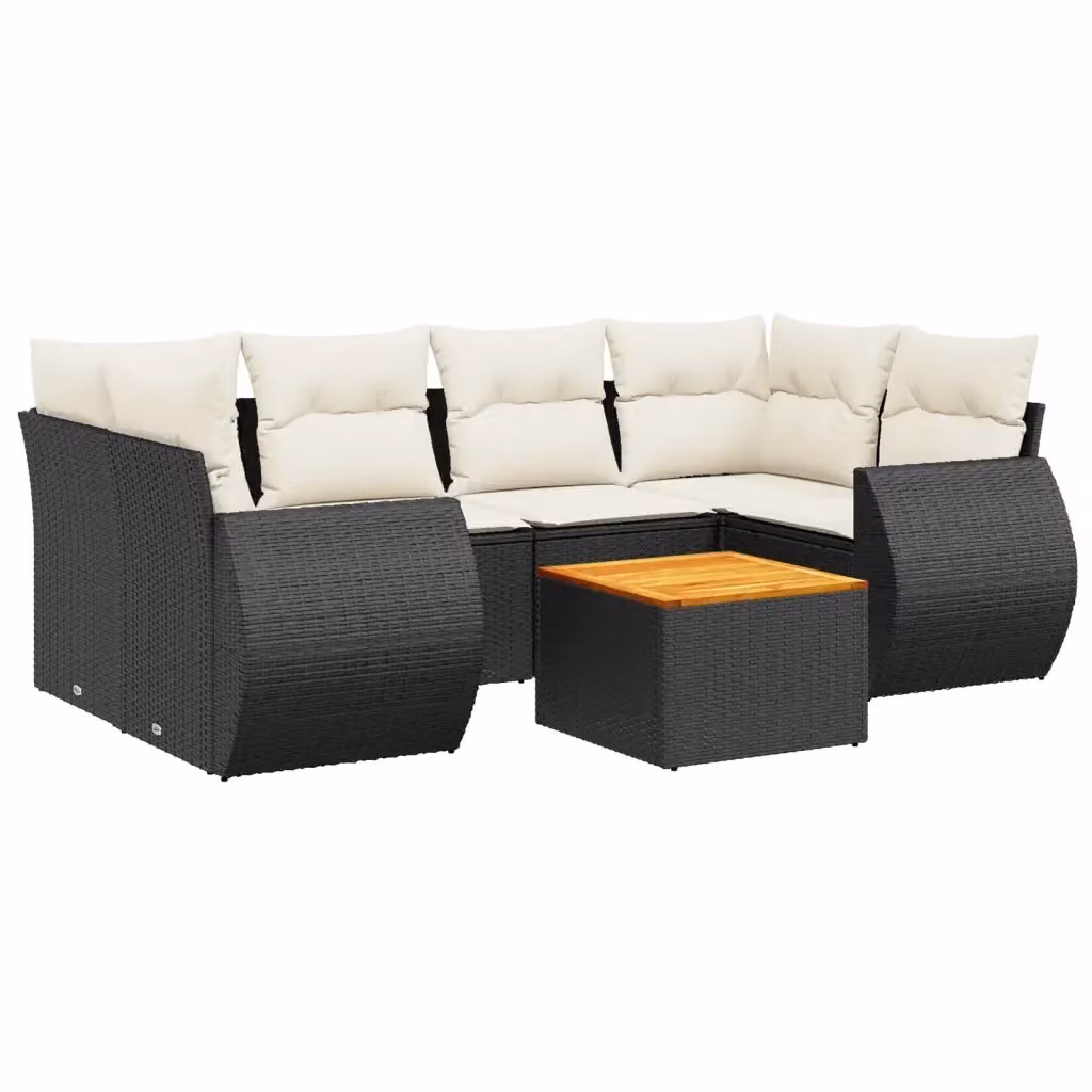 Set di Divani da Giardino a Forma di L vidaXL in Polyrattan Nero con 7 Cuscini e Tavolino – 2