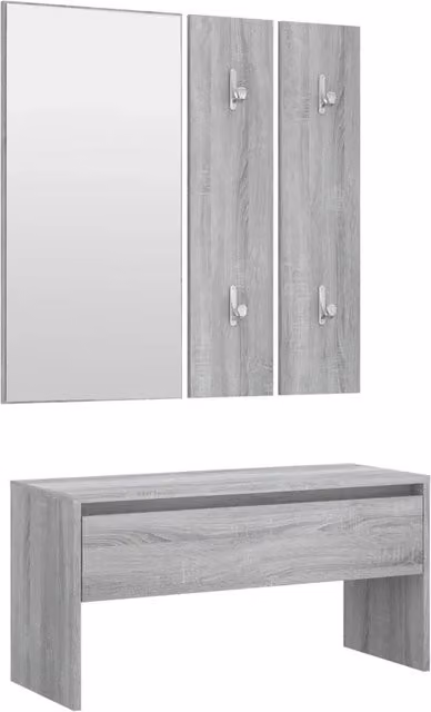 Set di Mobili da Corridoio Moderno Grigio in Legno e Plastica con Panca, Specchio e Pannello con Ganci