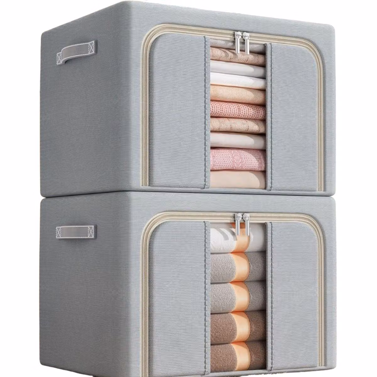 set di 2 scatole portaoggetti in tessuto Oxford, impermeabile, pieghevole, 100L, scomparti, per vestiti e guardaroba, con finestra di visualizzazione, grigio chiaro