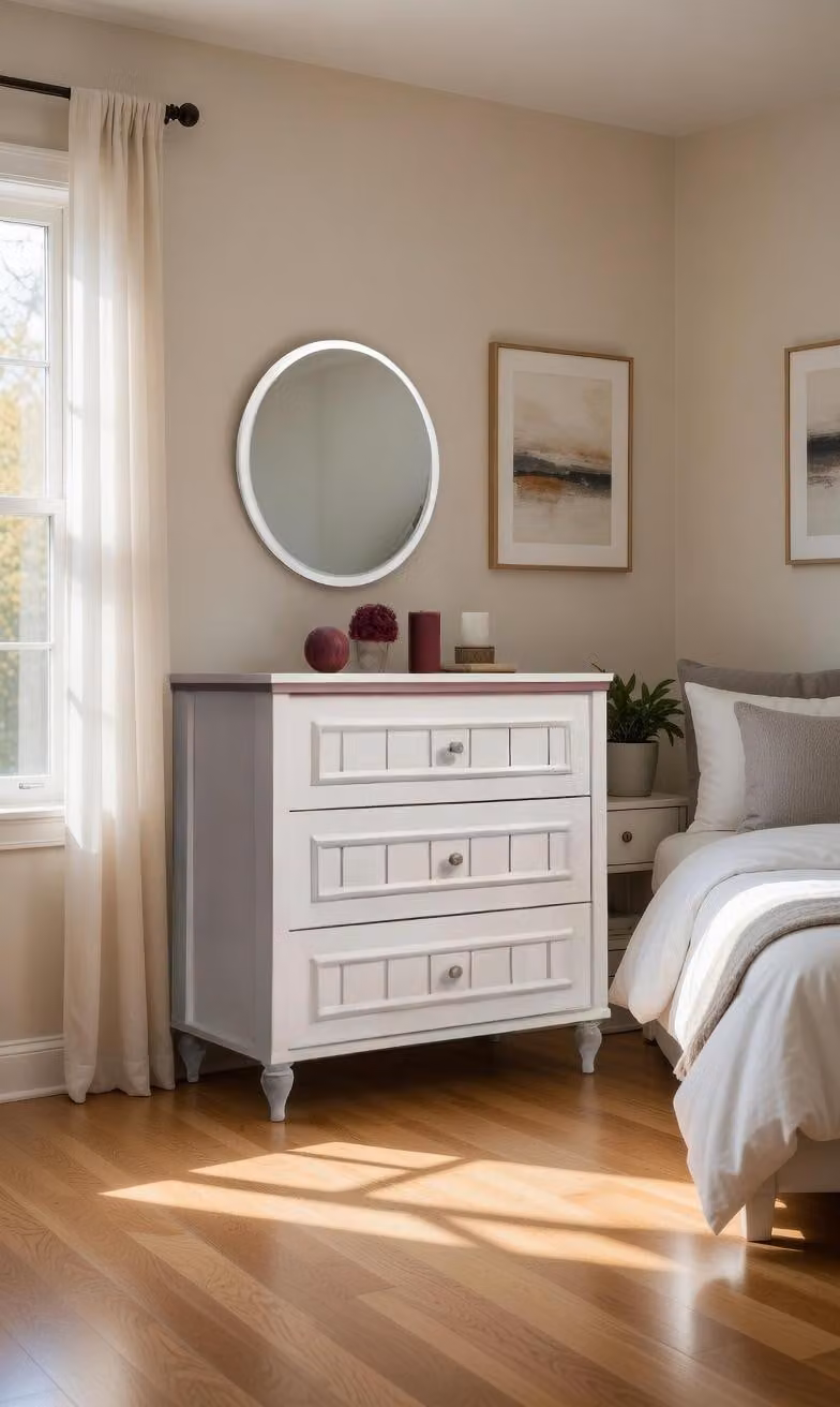 Comò da trucco con specchio e spazio contenitivo integrato, color bianco