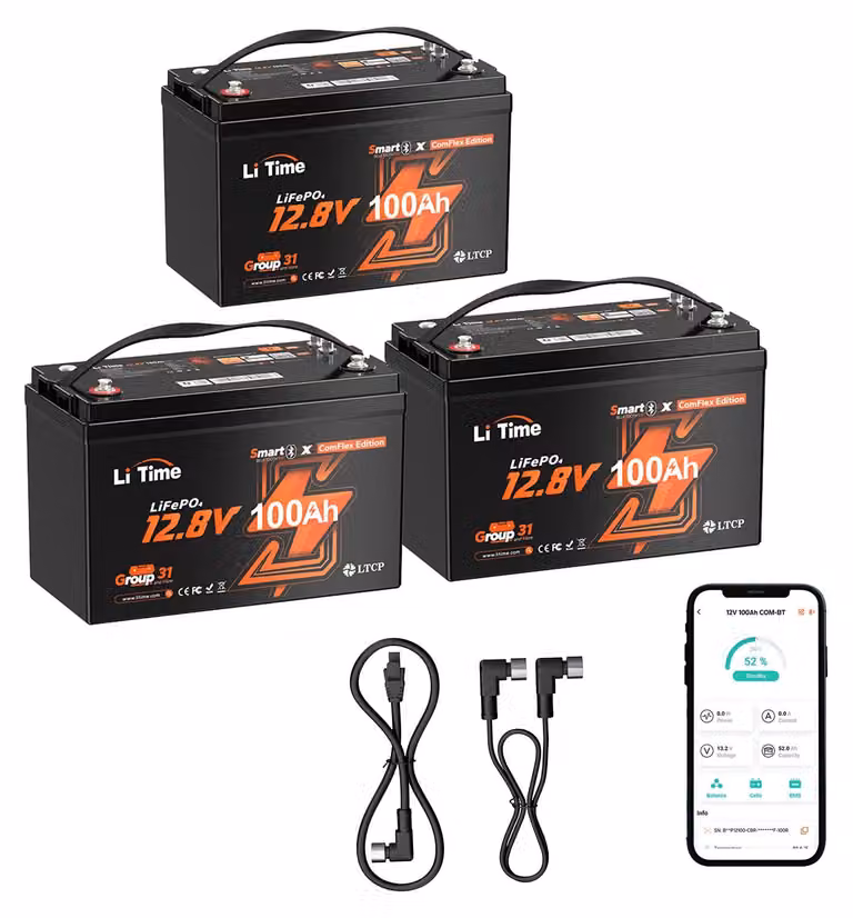 Batteria LiFePO4 da 12,8 V e 100 Ah, serie 3 PAK - Batteria agli ioni di litio con Bluetooth - Ideale per camper e sistemi off-grid