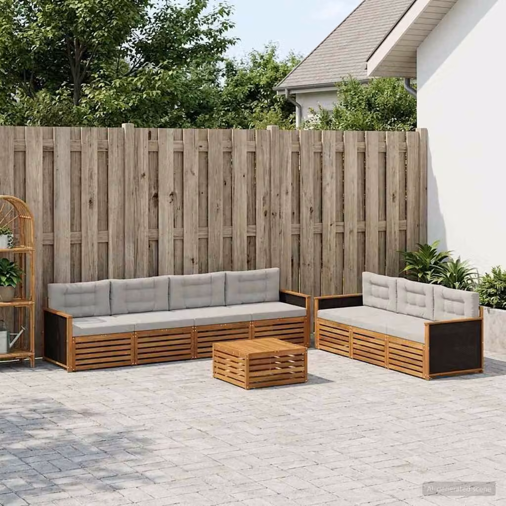 Set di divani da esterno vidaXL a forma di L con tavolo da caffè, 8 pezzi, in legno di acacia e tessuto beige e grigio