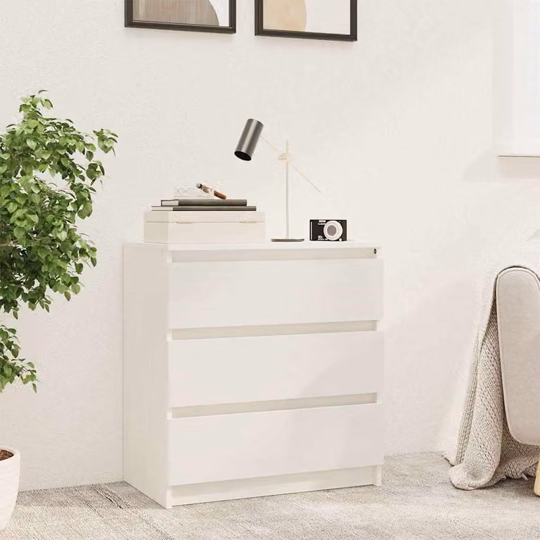 Comodino vidaXL in legno massello di pino bianco, design minimalista, L: 60 cm, P: 36 cm, H: 64 cm