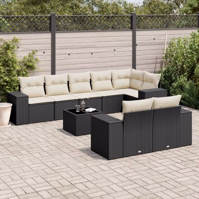vidaXL Set Divani da Giardino a L 9 pz in Polyrattan Nero con Cuscini e Tavolino da Esterno