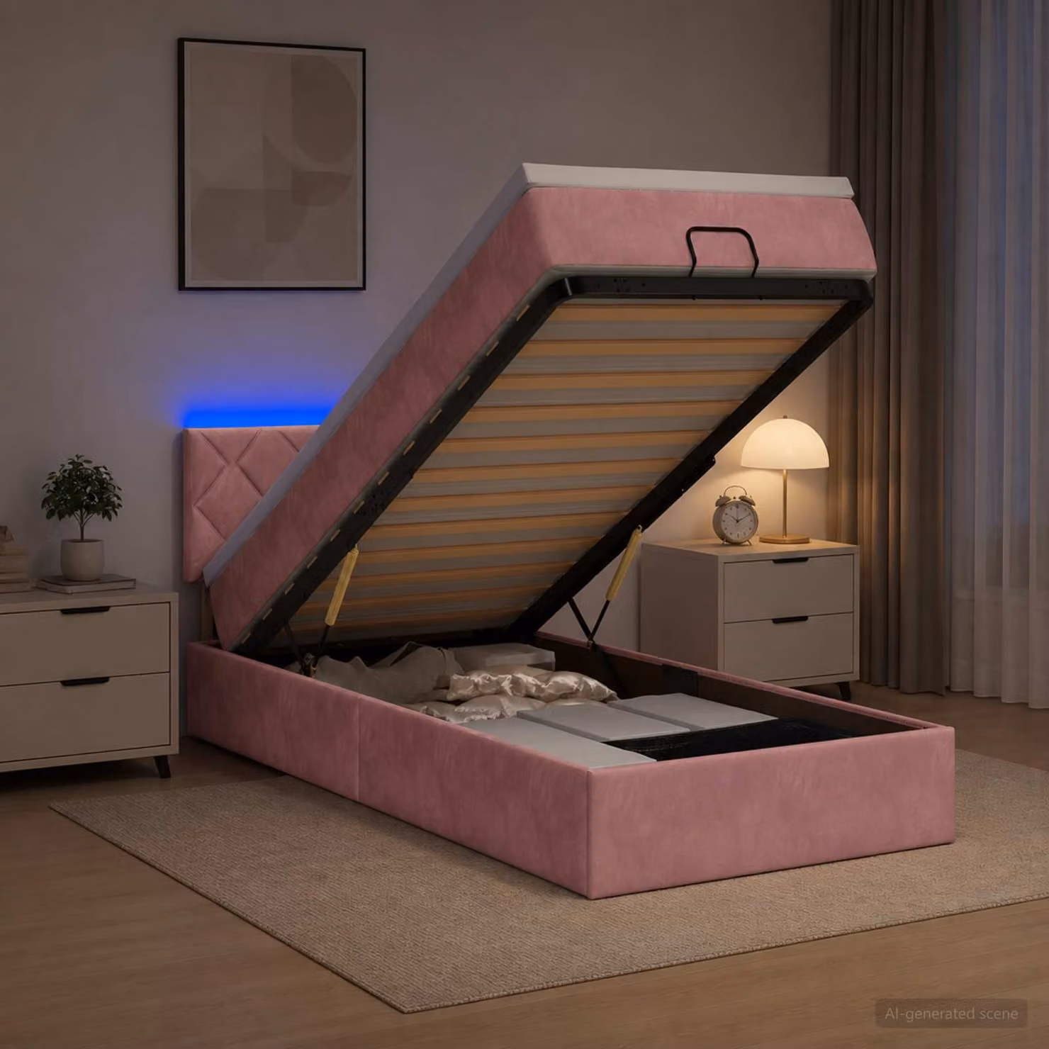 Letto Ottomano vidaXL con Materasso Ibrido e Illuminazione LED in Velluto Rosa, L/P/H: 190 x 90 x 88 cm