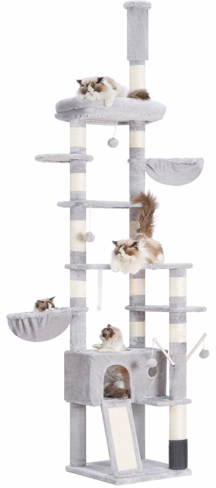 Albero per gatti Kratzbaum XXL, regolabile in altezza da 250 a 280 cm, colore grigio chiaro, con cuccia, adatto a gatti di grossa taglia