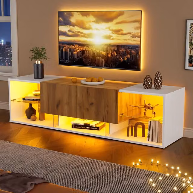 Mobile TV 3 Ripiani per TV fino a 70", Moderno con Piattaforma in Vetro e 2 Cassetti, Bianco, per Soggiorno e Camera da Letto