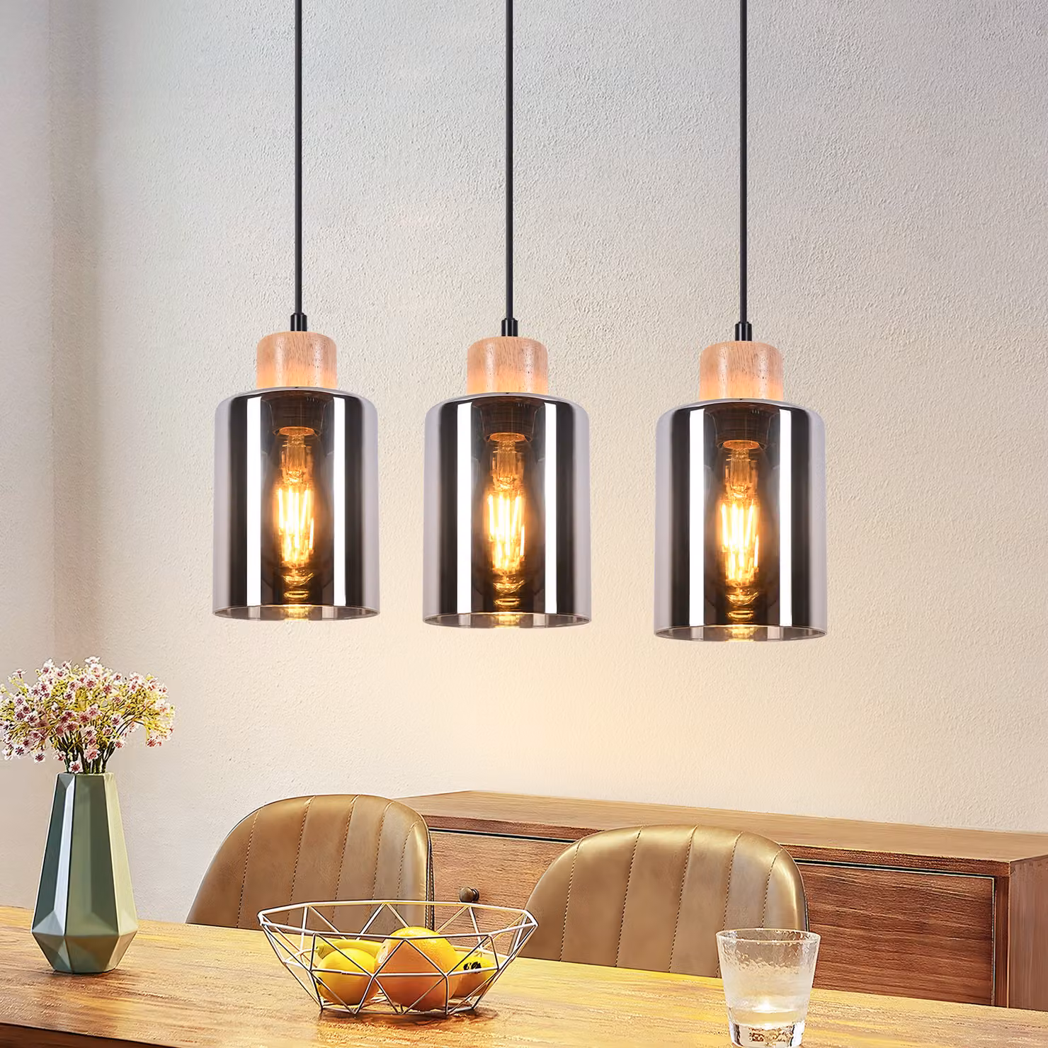 ZMH lampada a sospensione in legno lampada a sospensione a 3 fiamme in vetro lampada a sospensione retrò lampada a sospensione presa E27 lampada a sospensione regolabile in altezza lampada da tavolo senza lampadina