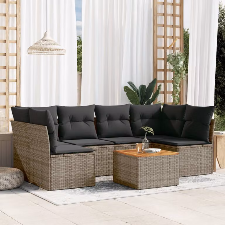 vidaXL Set Divani da Giardino 7 pz in Polyrattan Grigio con Cuscini e Tavolino da Esterno