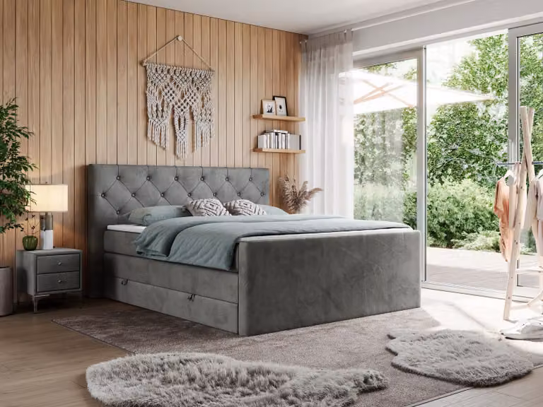 Letto matrimoniale con materasso Multipocket e coprimaterasso, letto boxspring con cassetti - KING VELEN - 140x200 cm - Grigio scuro - H4