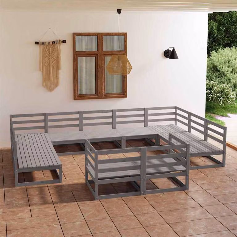 Set di divani da giardino vidaXL a forma di U in legno di pino massello con cuscini grigi, 11 pezzi