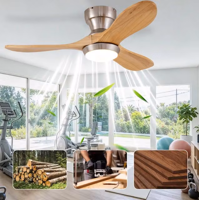 Ventilatore da soffitto MODFU con 3 pale in legno massello di noce e motore reversibile, colore marrone naturale