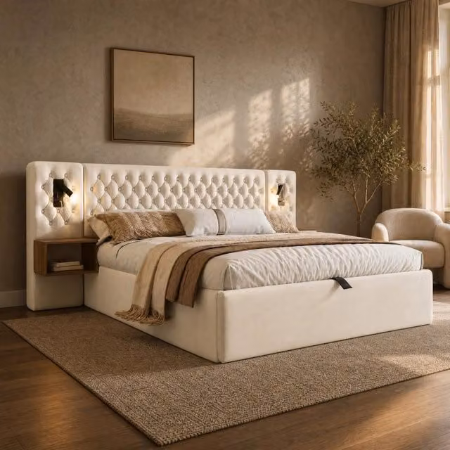 Letto matrimoniale contenitore 160 × 200 cm in velluto beige con comodini luci da lettura USB e Type-C