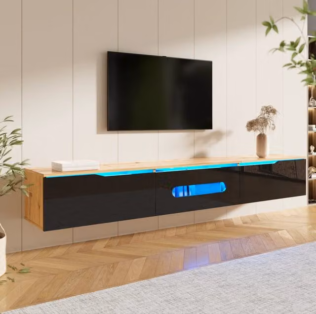 Mobile TV moderno MODFU in MDF nero e marrone con illuminazione integrata e cassetti soft-close L: 180 cm, P: 35 cm, H: 30 cm