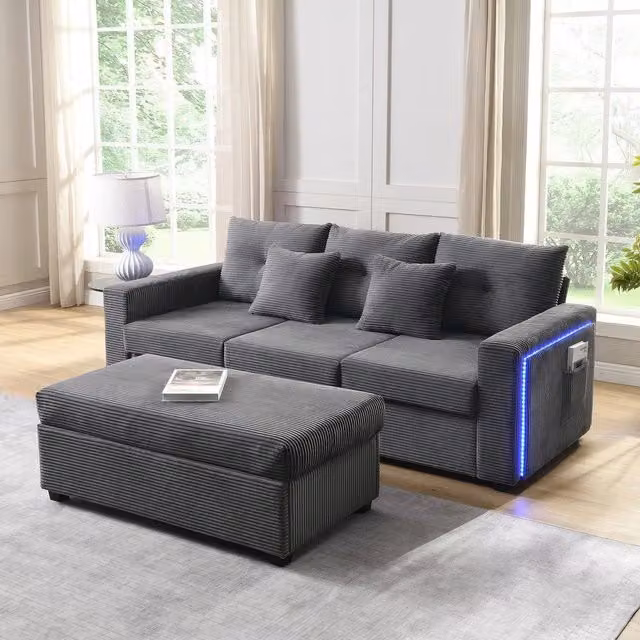 Divano angolare 3 posti con poggiapiedi ¨C Minimal ¨C Velluto grigio, cuscini inclusi, struttura in legno massello di pino